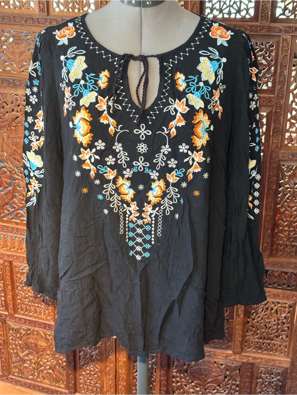 Andree Black Embroidered Peasant Blouse with Orange & Blue Floral Detail